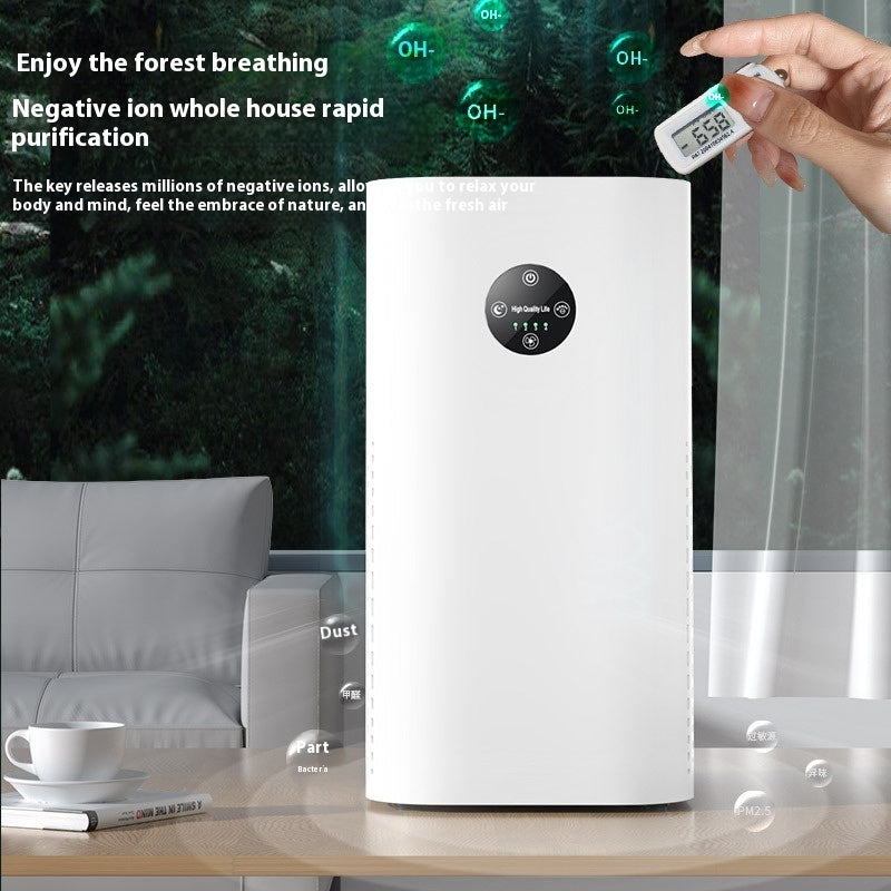 Air purifier with negative ion technology in a living room setting, displaying air quality on a digital display.